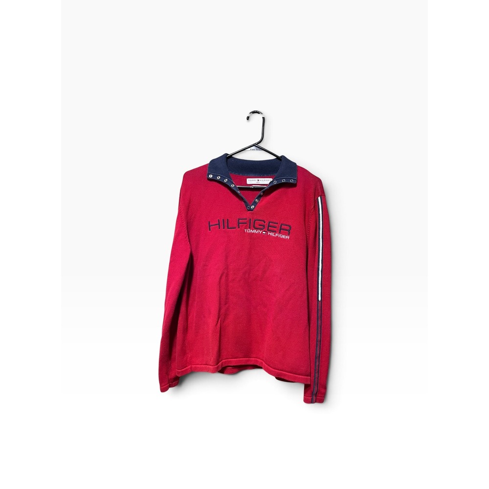 Vintage Tommy Hilfiger Red Quarter  Sweater Embroidered Logo Stripe XL Womens